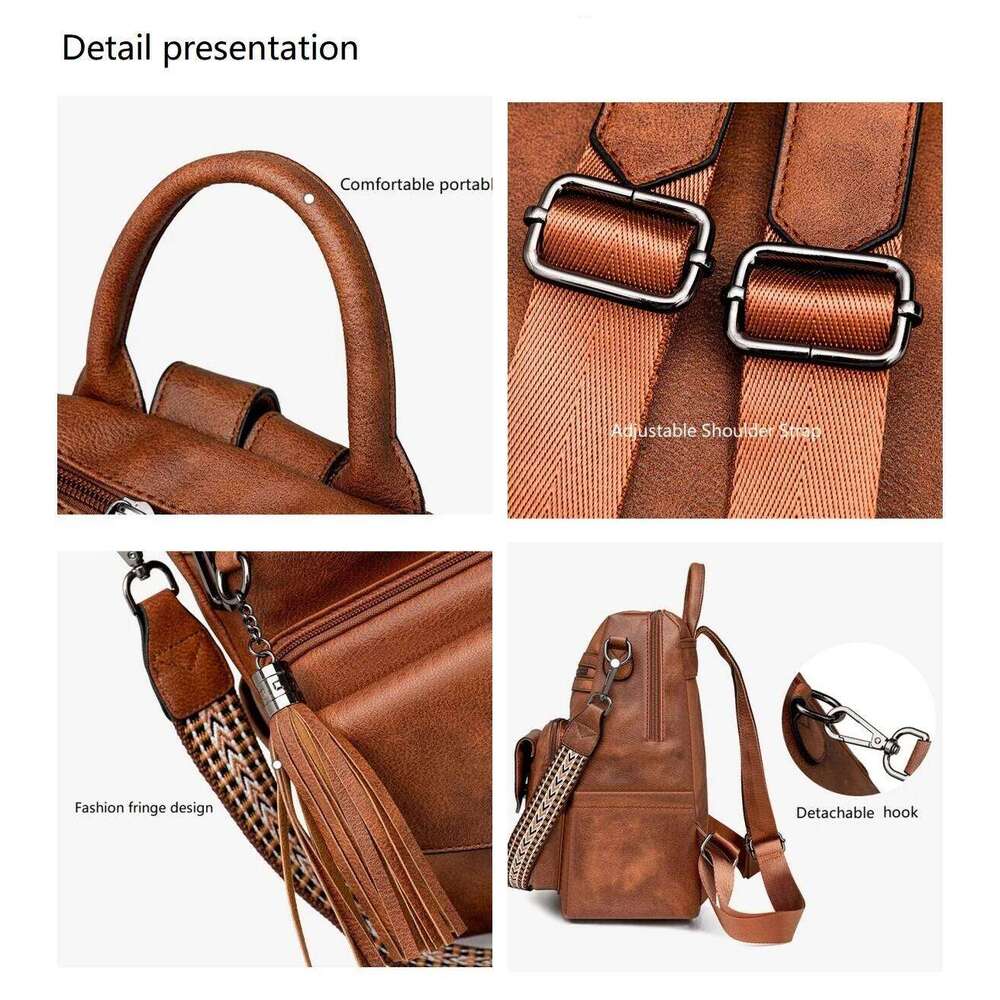 Womens Leather Backpack Purse Fringe Design For Women Travel Fashion Ladies Shoulder Bags 2 Pieces Z260204