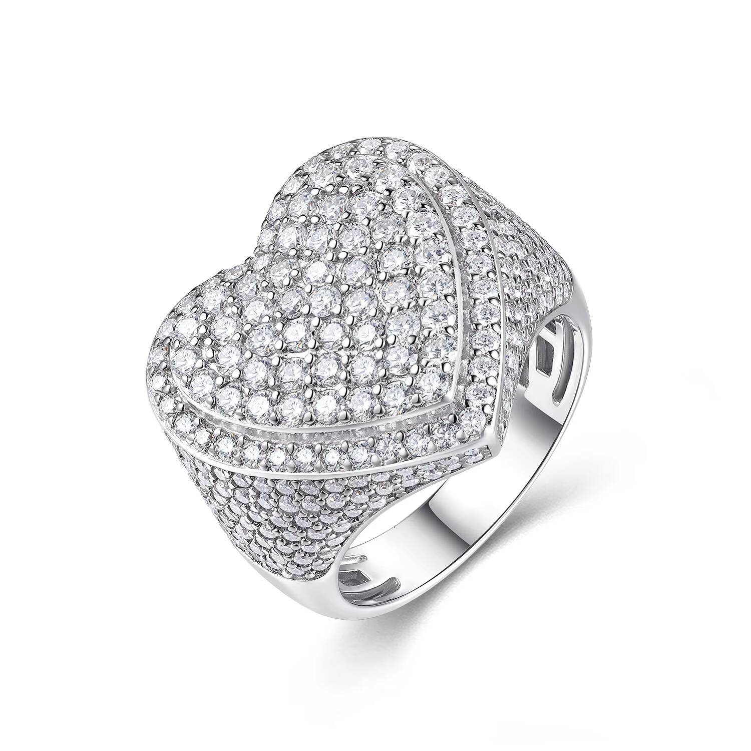 DE Classic Heart Design Moissanite Ring Hip Hop Heart Shape Moissanite Fine Ring Heart-shaped 925 Silver VVS1 Moissanite Ring