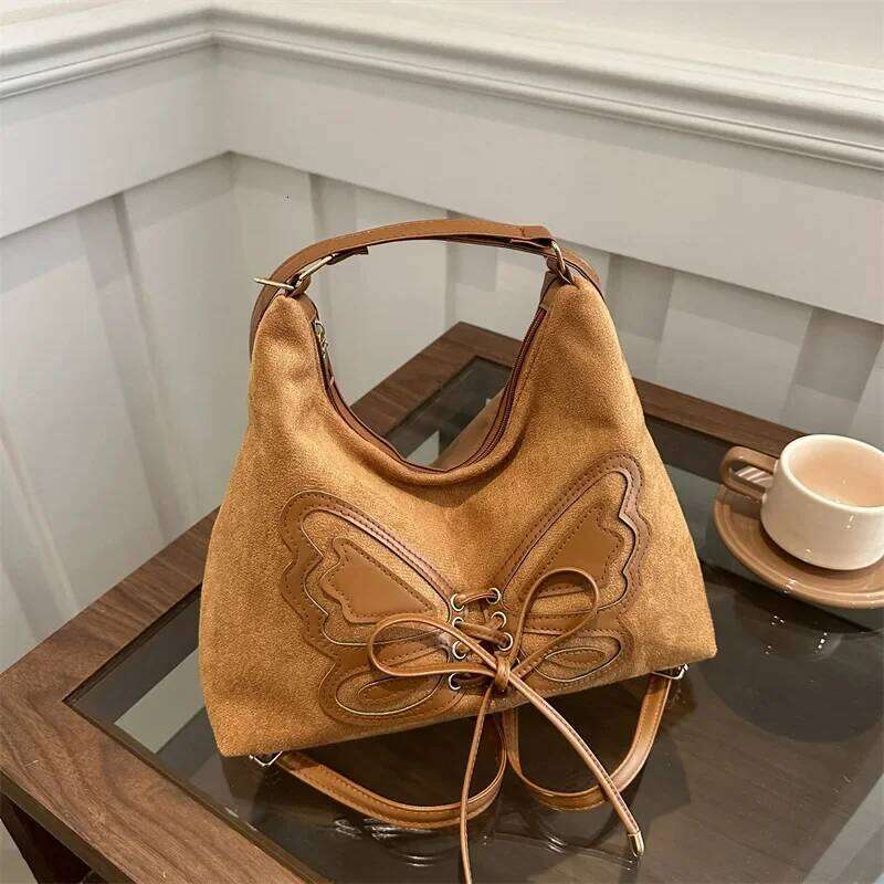 Faux Suede Tote Bow Tie Backpack, Chic Retro Single Handbag Women Shoulder Messenger Bag, Matte PU Leather Cross Body Bags C260204