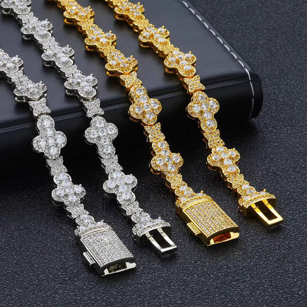 New Mens Iced Chain Link Bracelet Full Paved Moissanite Star Cross Charm 18K Gold Plated Copper Alloy Hip Hop Anniversary