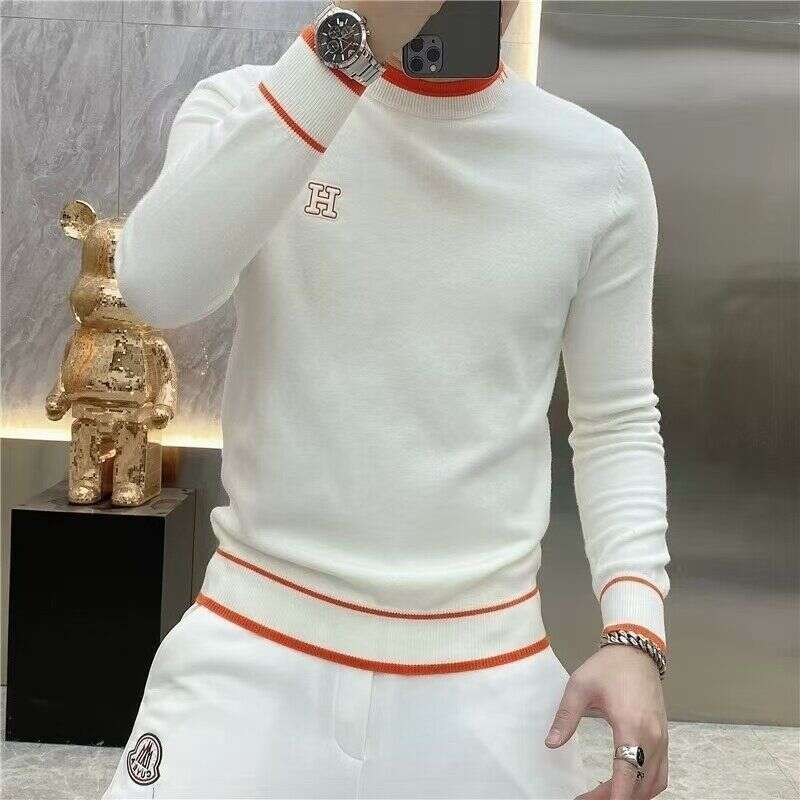 Men's Knitted Long Sleeve Round Neck Letter Embroidery Autumn Winter Sweater Versatile Base Layer Slim Fit Trendy T-Shirt