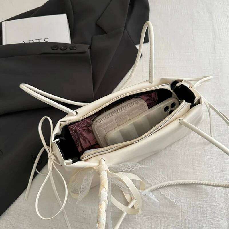 French Elegant Square Korean Bow Decoration Pu High-quality Niche Simple Ballet Style Shoulder Bag New Casual Women Bags C260204