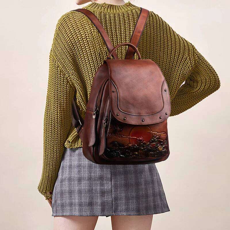 MOTAORA Vintage Embossed Women Backpack Genuine Leather Book Bag Soft Cowhide Luxury Backpacks For School Teenagers Girls New Z260204