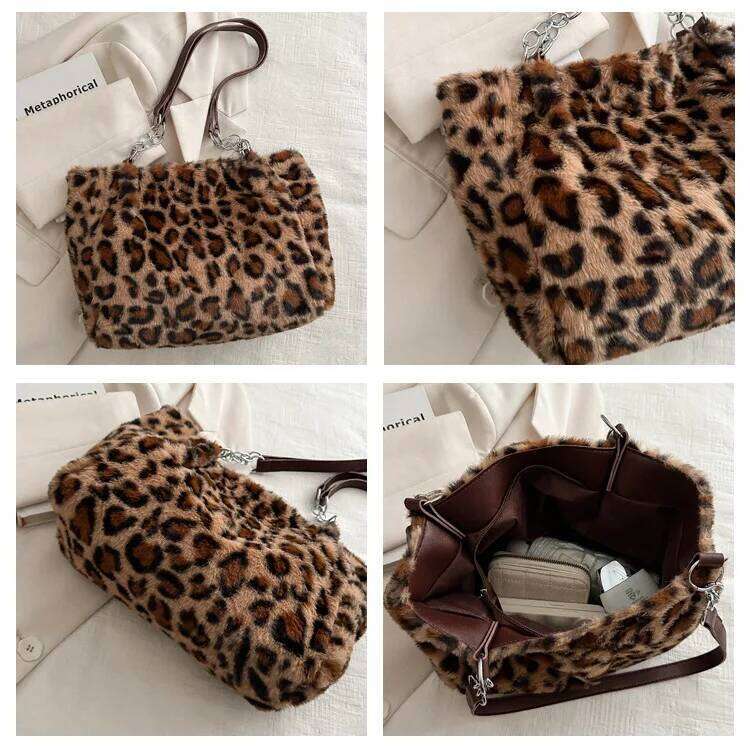 Vintage Leopard Ladies Plush Tote Bags Large Capacity Portable Women's Faux Fur Shoulder Bag Furry Casual College Girls Handbags C260204