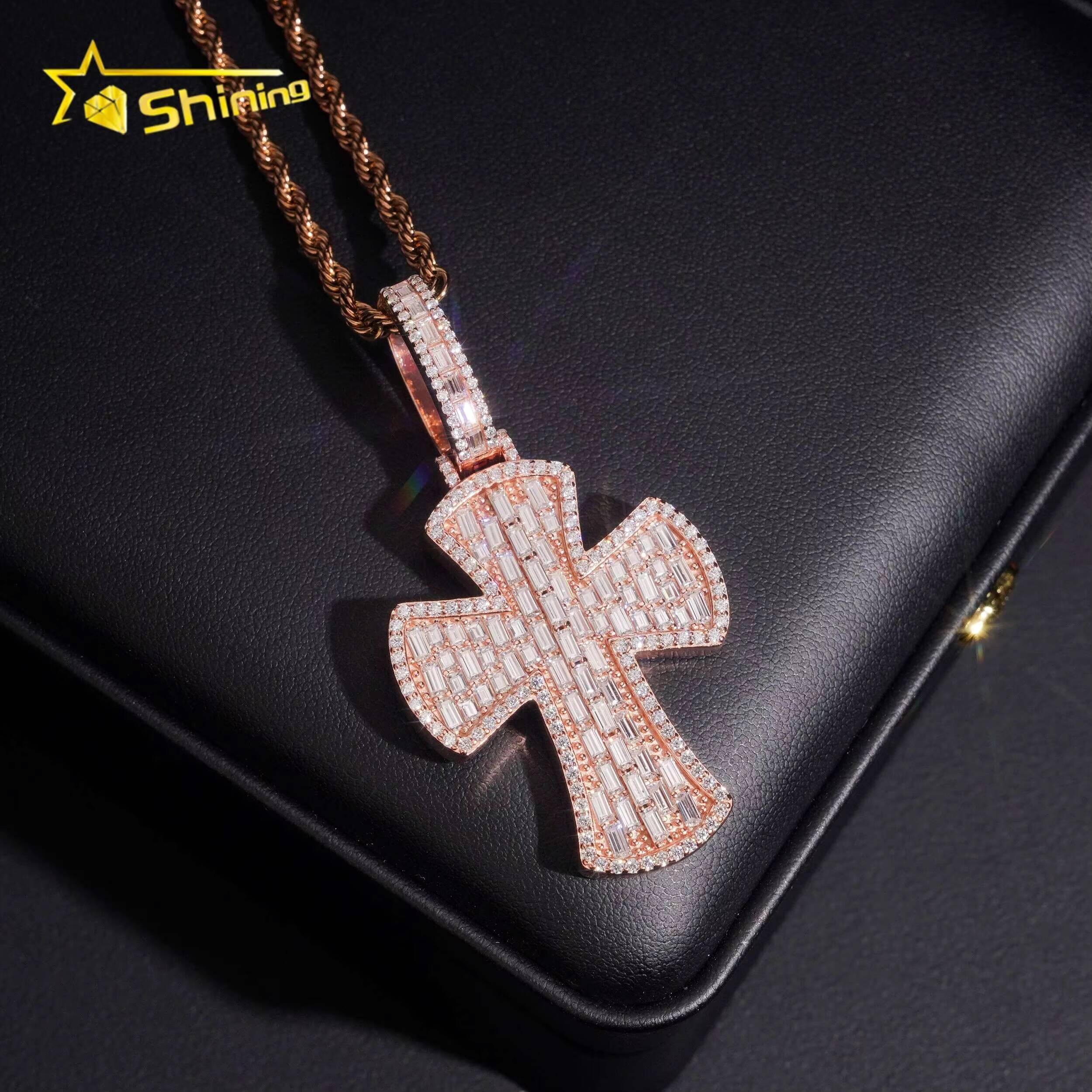 New Style Baguette Diamond Rose Gold 925 Silver Hip Hop Iced Out Cross Mens Moissanite Pendant