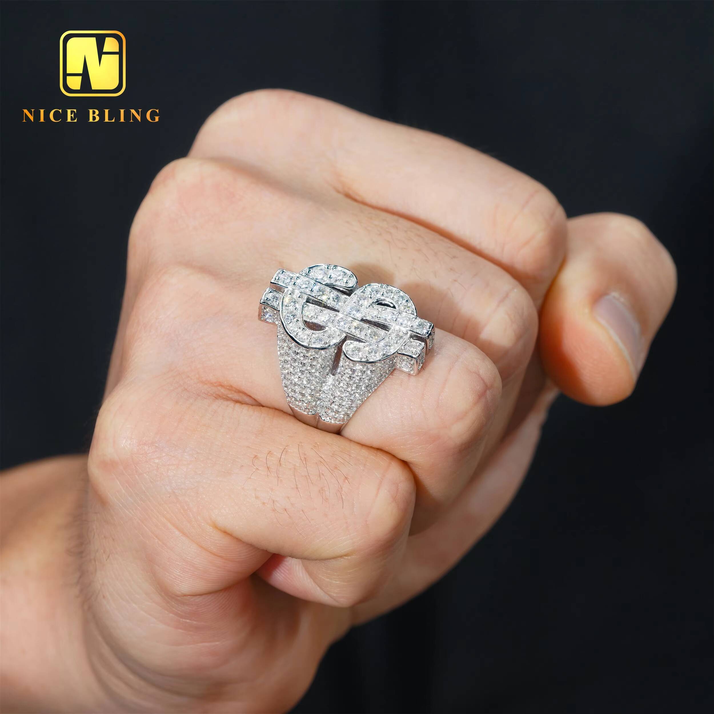 Rhodium Plated 925 Sterling Silver Jewelry Iced Out Dollar Rings Hip Round Brilliant Moissanite Rings for Men and Women