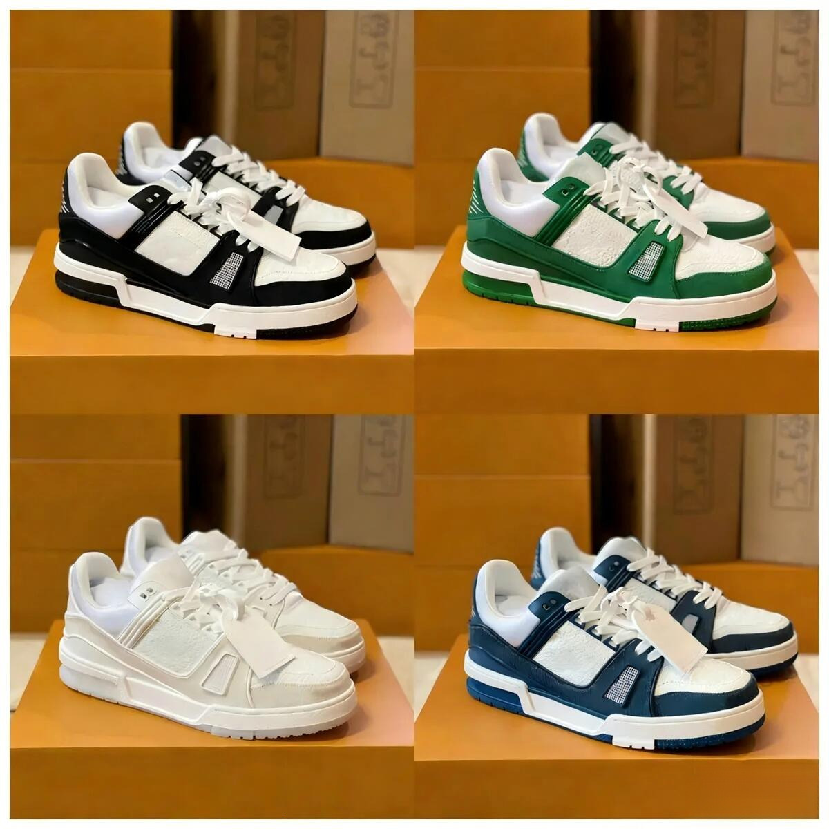 s Designer lvs skate shoes Casual Shoes Men Sneaker Trainers Top Quality Low Calfskin Leather White Green Red Blue Overlays Platform Outdoor women Sneakers 311