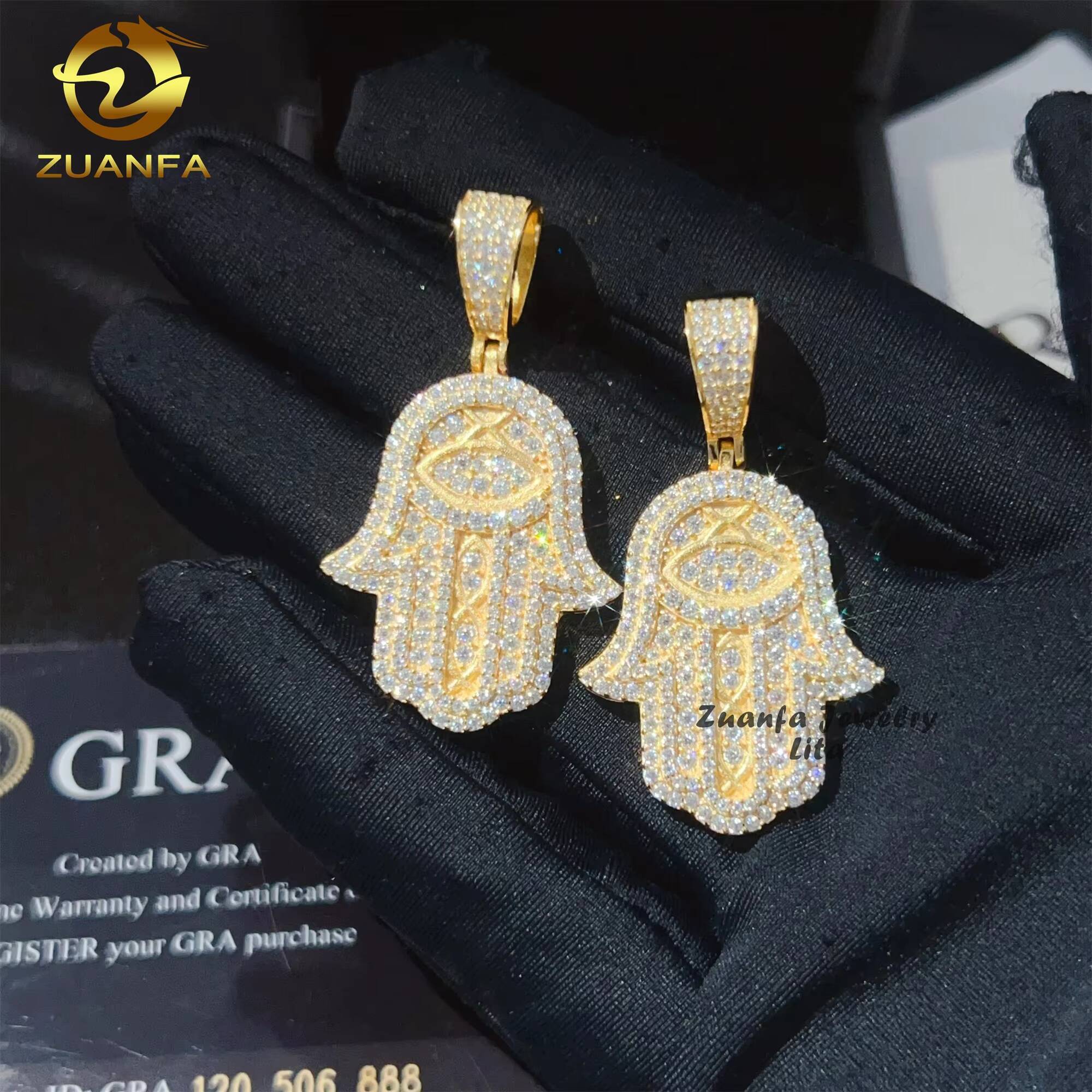 New Arrival Hip Hop Jewelry 18k Gold Plated GRA Certificate Custom 925 Silver VVS Moissanite Hamsa Hand Pendant