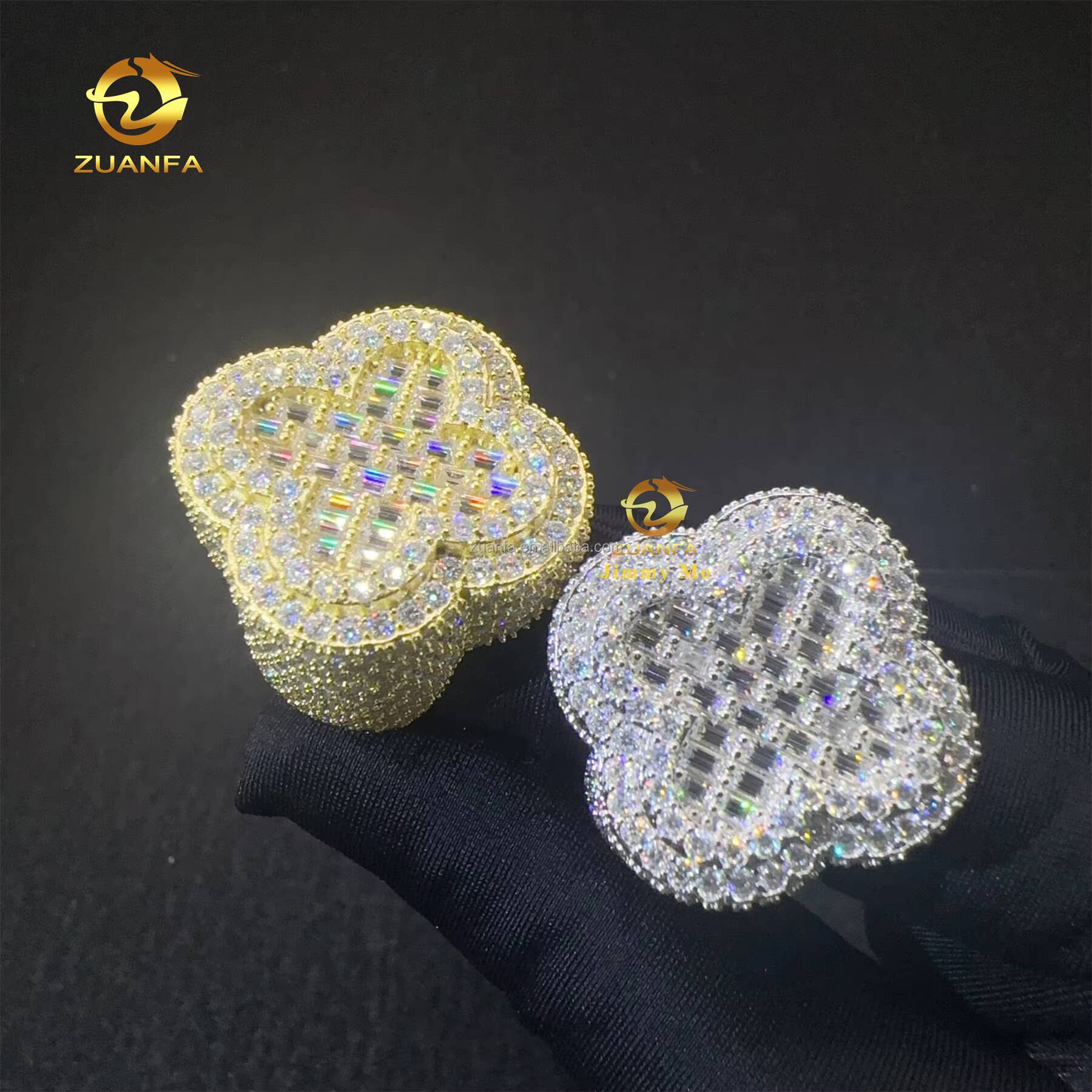 Fashion Man Jewelry Iced Out Flower Four Cleef Clover baguette Moissanite Diamond 925 Silver Hip Hop Ring for Men