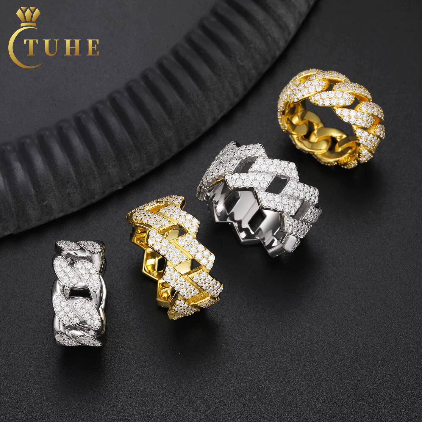 Pass Diamond Tester VVS Moissanite Cuban Ring Mens Wholesale Price Gold Plated 925 Sterling Silver Jewelry Ring for Men