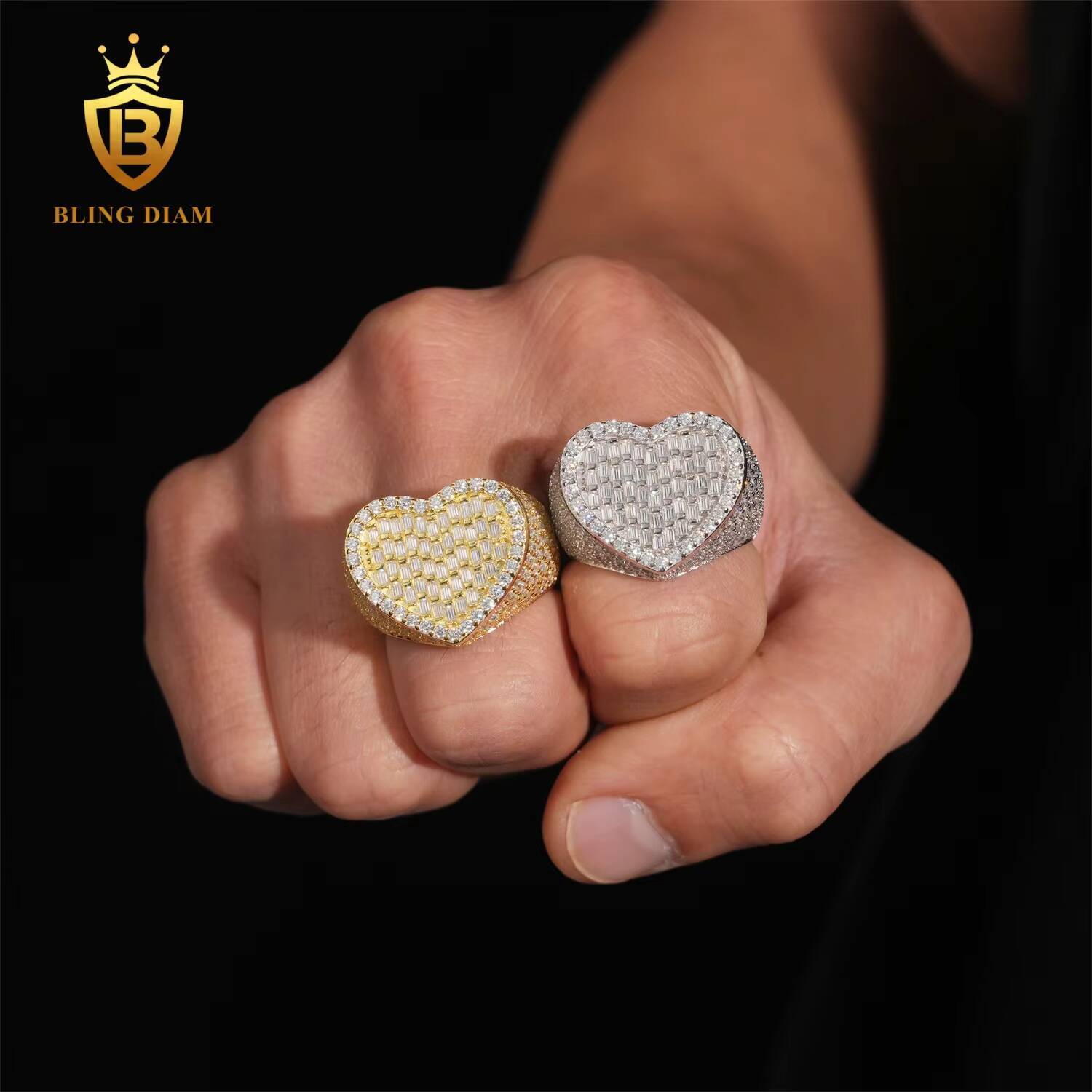 Hip Hop Jewelry 925 Silver Gold-Plated Vvs Moissanite Ice Out Fully Diamond Mens Heart Shaped Rings With Box