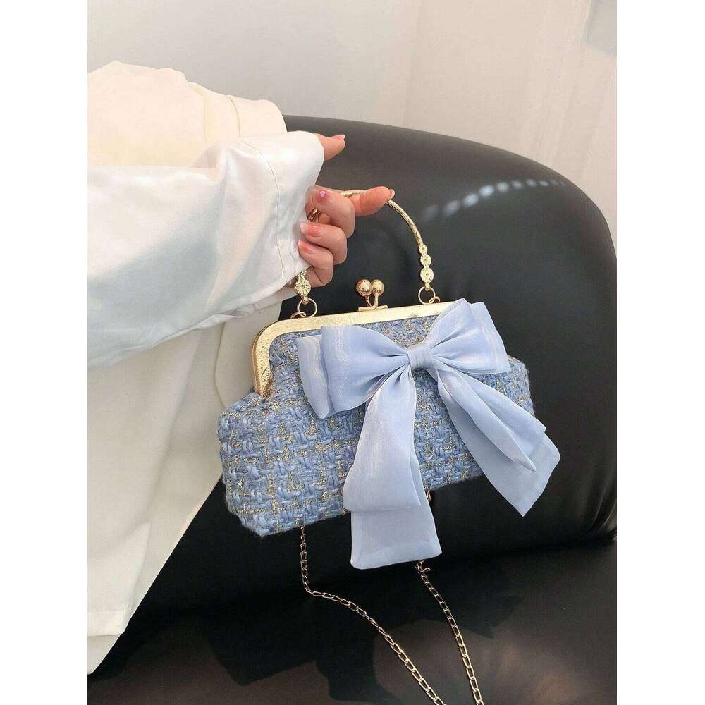 Glittering Chain Plaid Pattern Evening For Women Bow Decor Shoulder Bag, Fashionable Elegant Clutch, Womens Crossbody Bag C260204