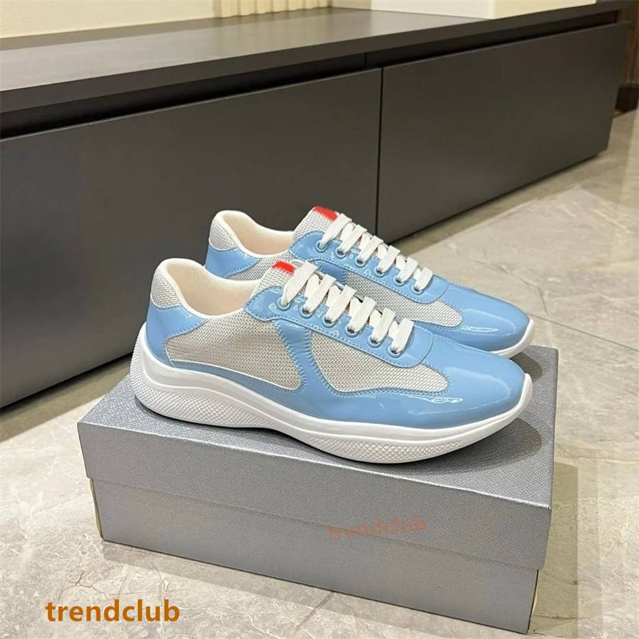 Designer Americas Cup Sports Casual Shoes Men Women Patent Leather And Technical Fabric Runner Flat Sneakers Black White Blue Red Rubber Sole Outdoor 
