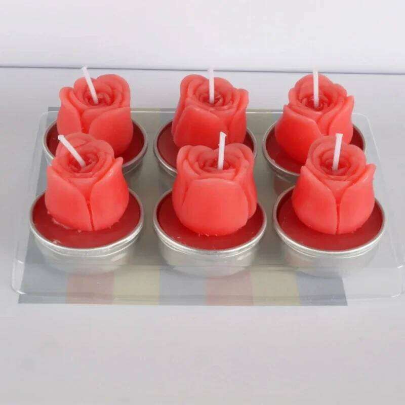 6PCS Romantic Red Proposal Candles Smoke-Free Safe Tealight Wax Rose Shape for Wedding Party Dating Home Decor S260204 9c2