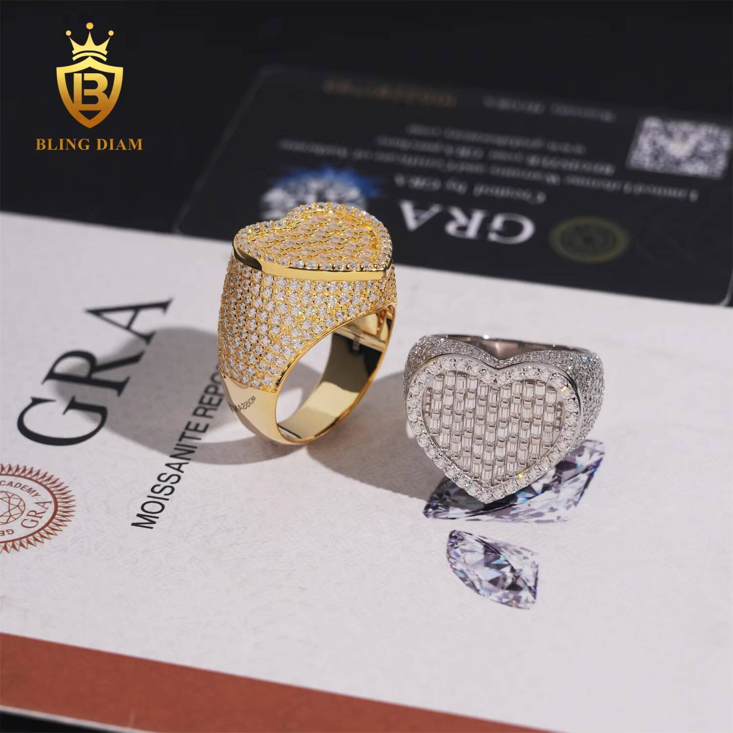 Hip Hop Jewelry 925 Silver Gold-Plated Vvs Moissanite Ice Out Fully Diamond Mens Heart Shaped Rings With Box