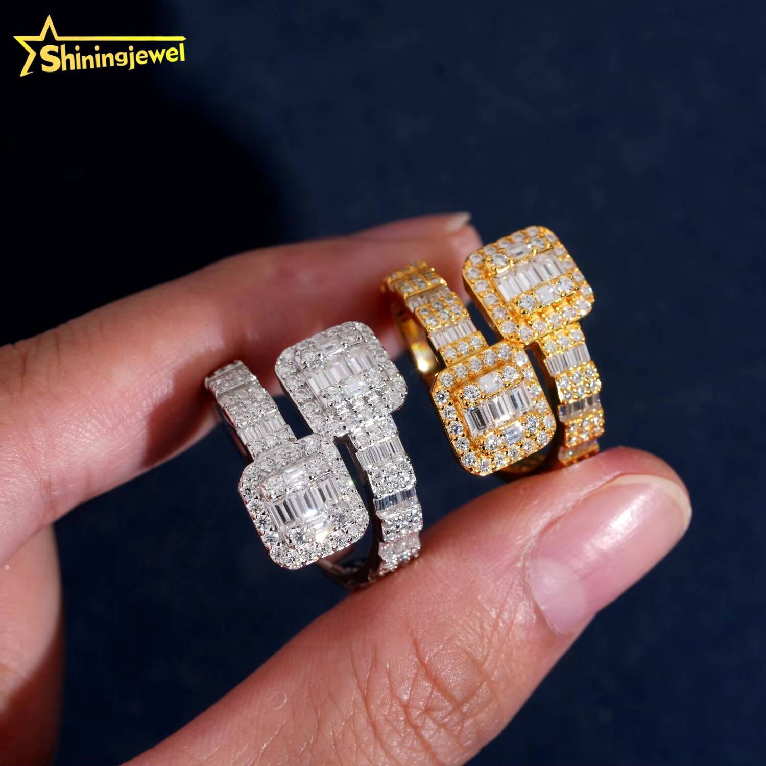 Real Gold Plated Square Shape Open Ring Pass Diamond Tester Hip Hop Jewelry 925 Silver Fully Iced Baguette Moissanite Men Ring