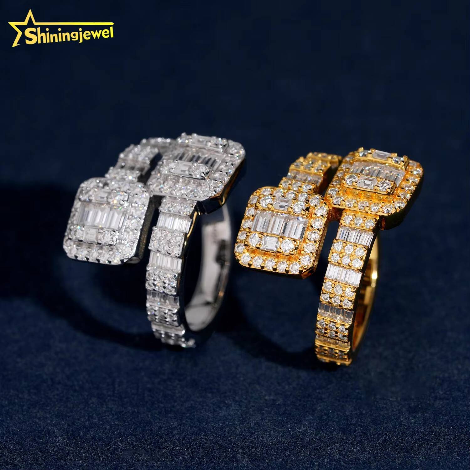 Real Gold Plated Square Shape Open Ring Pass Diamond Tester Hip Hop Jewelry 925 Silver Fully Iced Baguette Moissanite Men Ring