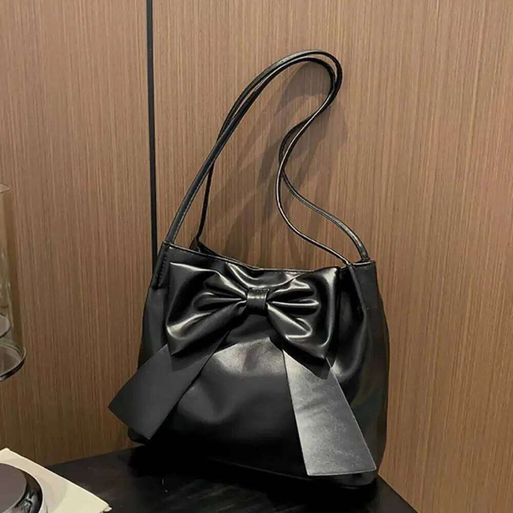 Elegant Solid Color PU Bow Shoulder Bucket Korean Style INS Tote Luxury Portable Fashion Underarm Bag Decoration C260204