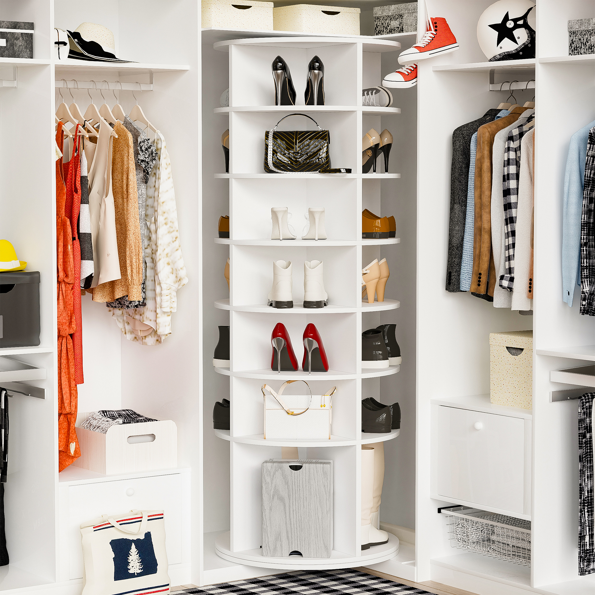 Rotating Shoe Rack Tower 7-Tier Spinning Shoe Rack Free Standing 360° Revolving Shoe Organizer High Bottom Design Shoe Tower Spinning Storage Fits 28 