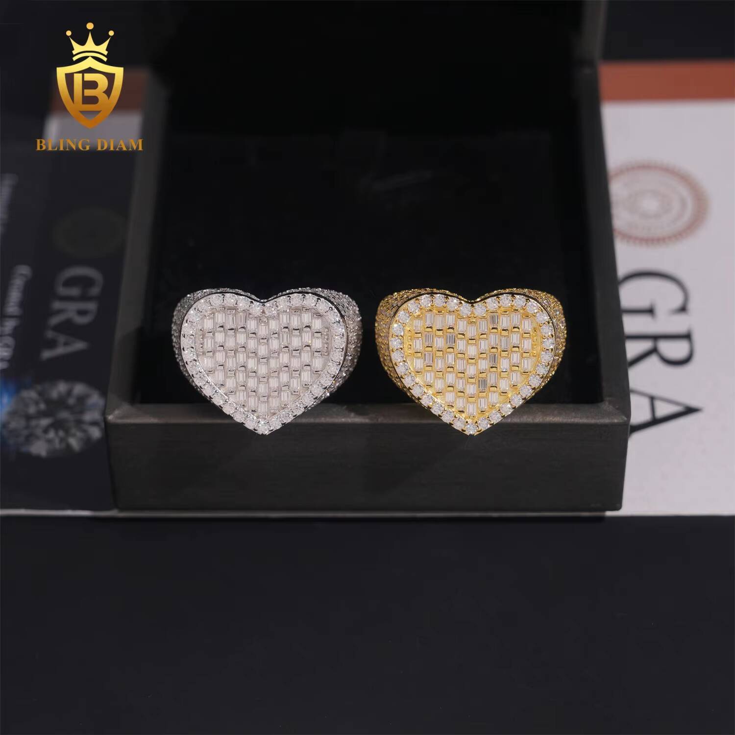 Hip Hop Jewelry 925 Silver Gold-Plated Vvs Moissanite Ice Out Fully Diamond Mens Heart Shaped Rings With Box