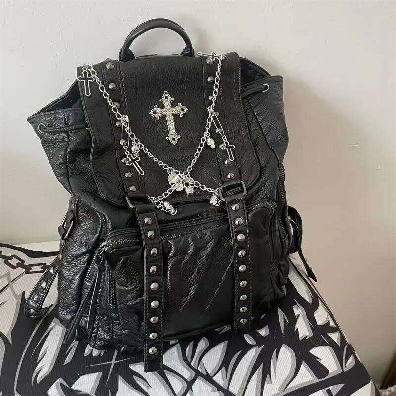 Grunge Rivet black Y2k Backpack Women Gothic Subculture Punk Cross Black Mochila Ladies Vintage Harajuku Backpacks Aesthetic Z260204