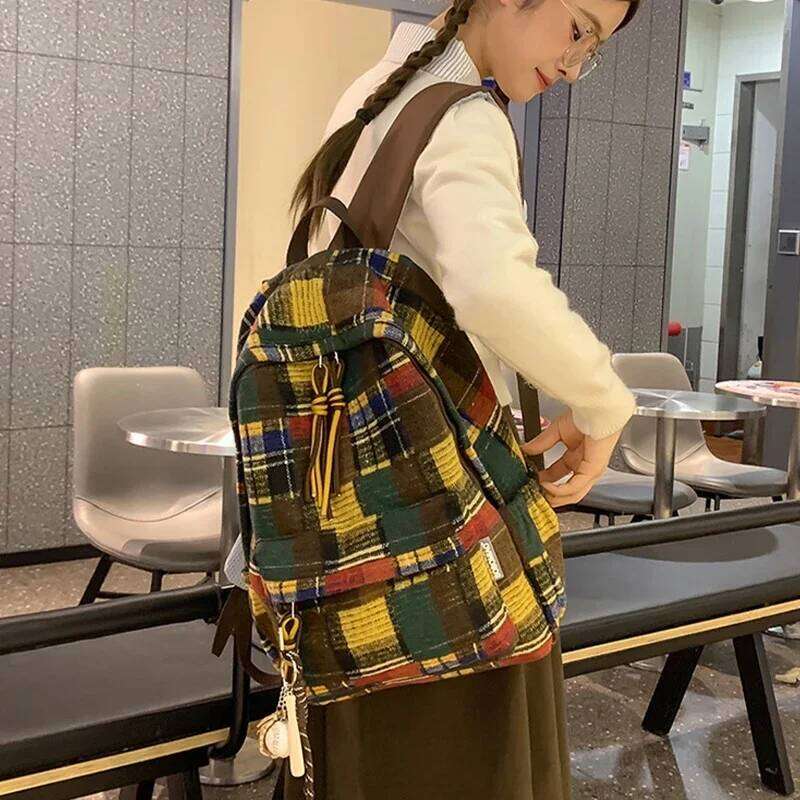 2025 New Fashion Retro Plaid Women Student Book Backpack for Teenage Girl School Bag Large Capacity Travel Rucksack Z260202