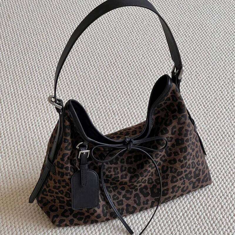 Korean Leopard Print Bow Luxury Niche Design Soft Leather Underarm Casual Retro Shoulder Messenger Bag C260204