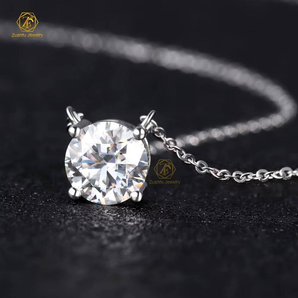 Custom Romantic Jewelry Pure 925 Sterling Silver 2 ct Round Moissnaite Pendant Necklace Chain Engagement Gift