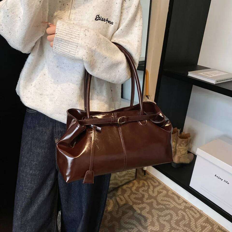 Oil PU Leather Hobo Handbag Slouchy Shoulder Retro Top-Handle Bag Large Bags for Women Gilrls Tote Work Shopping Travel C260204