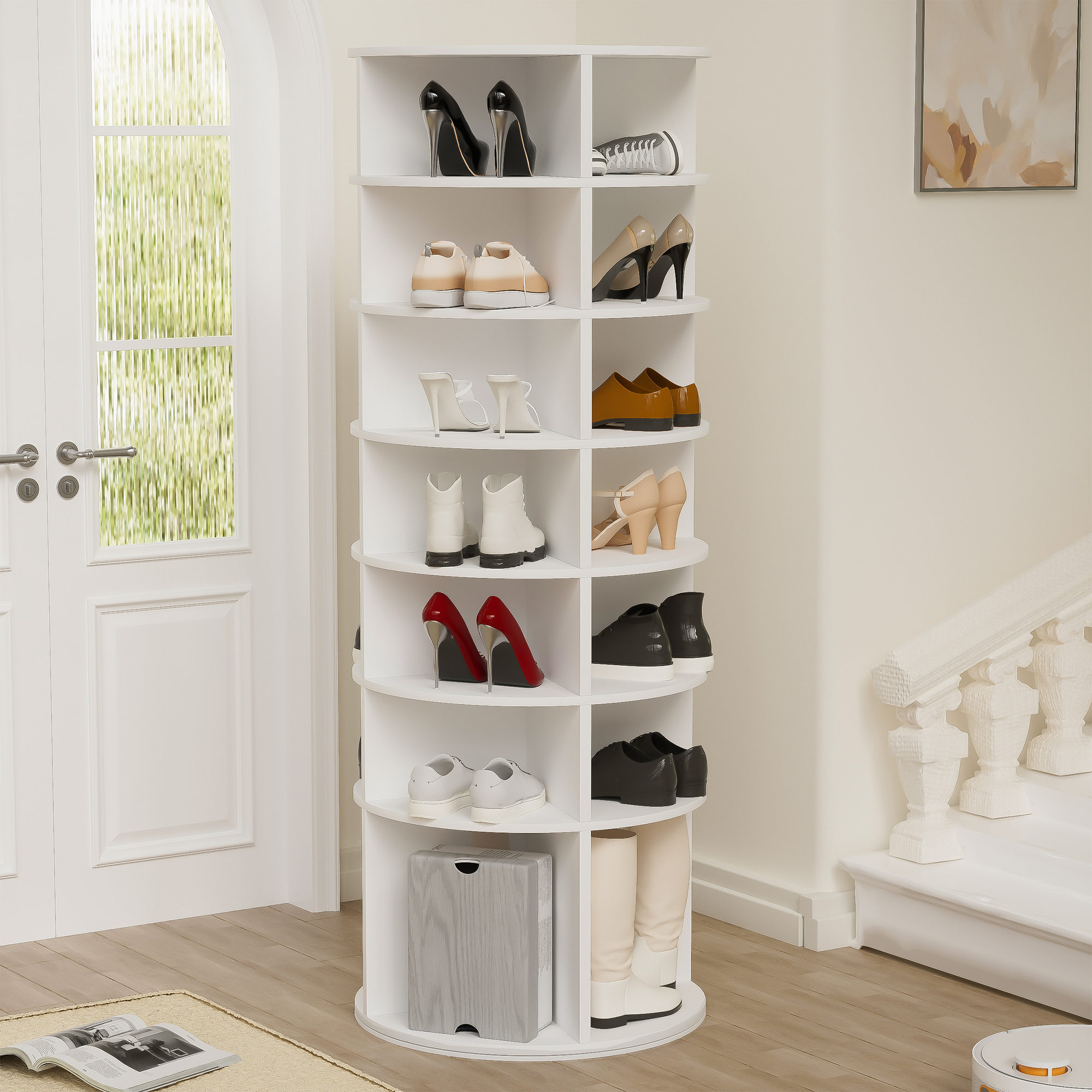 Rotating Shoe Rack Tower 7-Tier Spinning Shoe Rack Free Standing 360° Revolving Shoe Organizer High Bottom Design Shoe Tower Spinning Storage Fits 28 