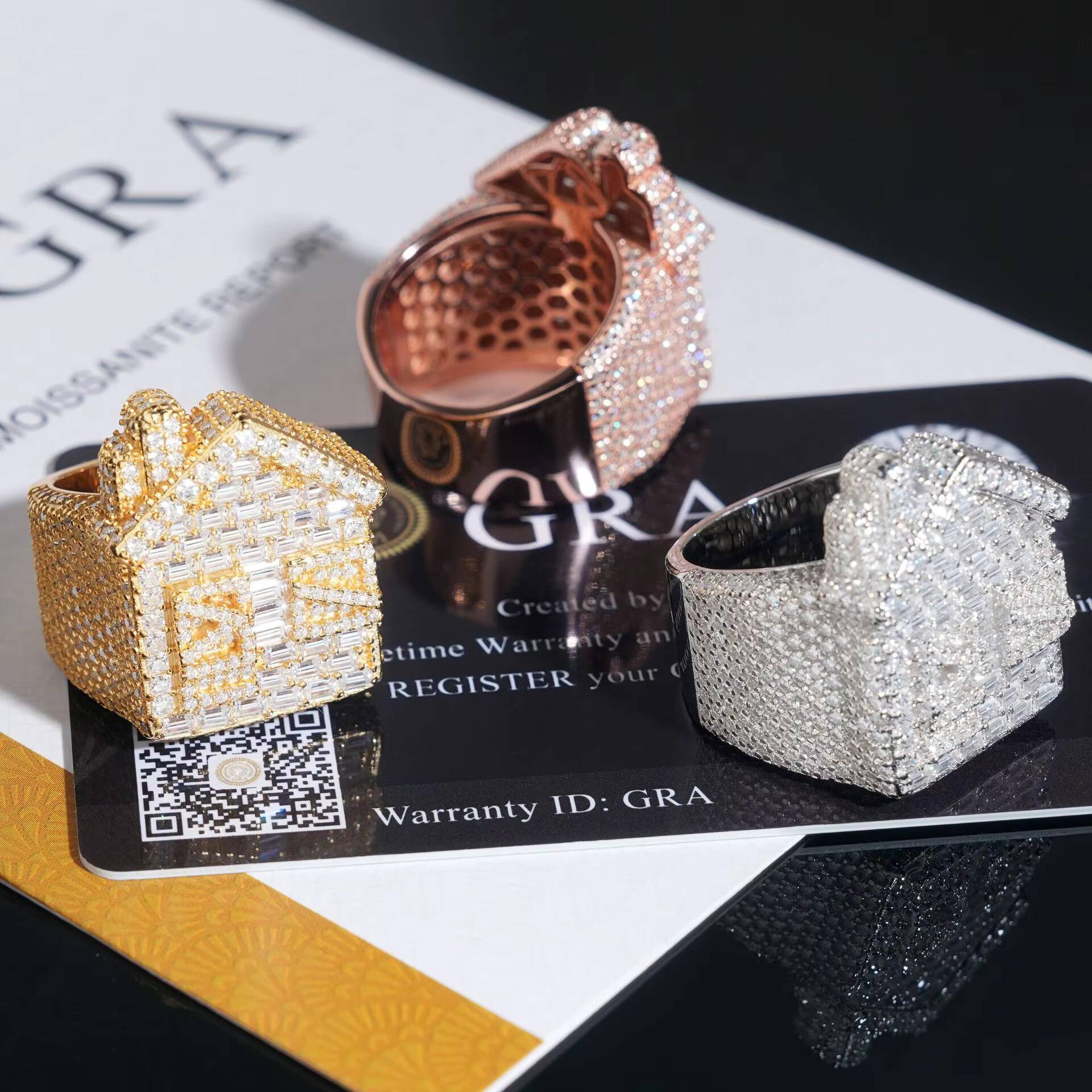 Wholesale Hip Hop Fine Jewelry Gold Plated 925 Sterling Silver House Design Stone VVS Baguette Iced Out Moissanite Ring for Men