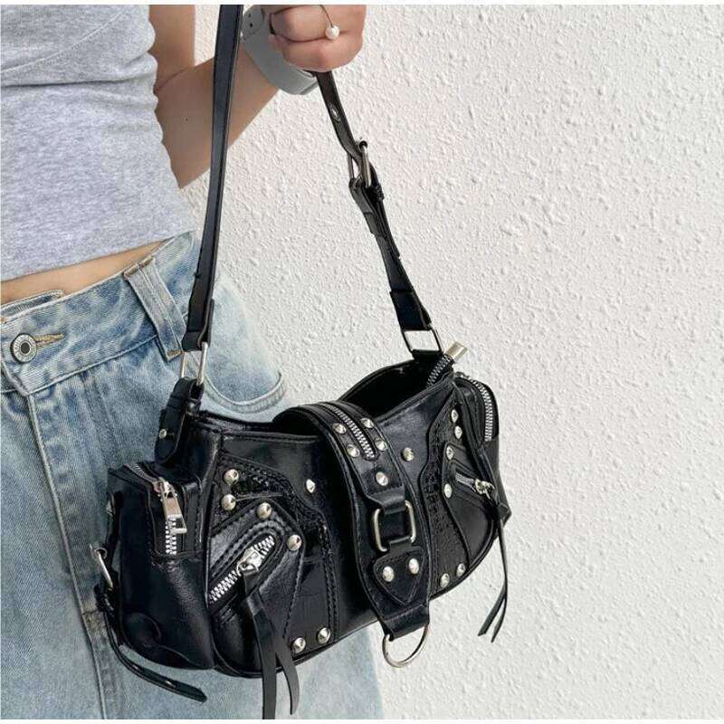 Y2k Women's Motorcycle Retro Pu Leather Handbag Black Punk Style Underarm Luxury Design Tassel Crossbody Bag C260204