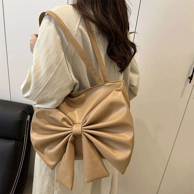 Bow Pleated Design Women's Pu Leather Shoulder Bags Sweet Solid Color Ladies Tote Bag Large Capacity College Female Handbags C260204