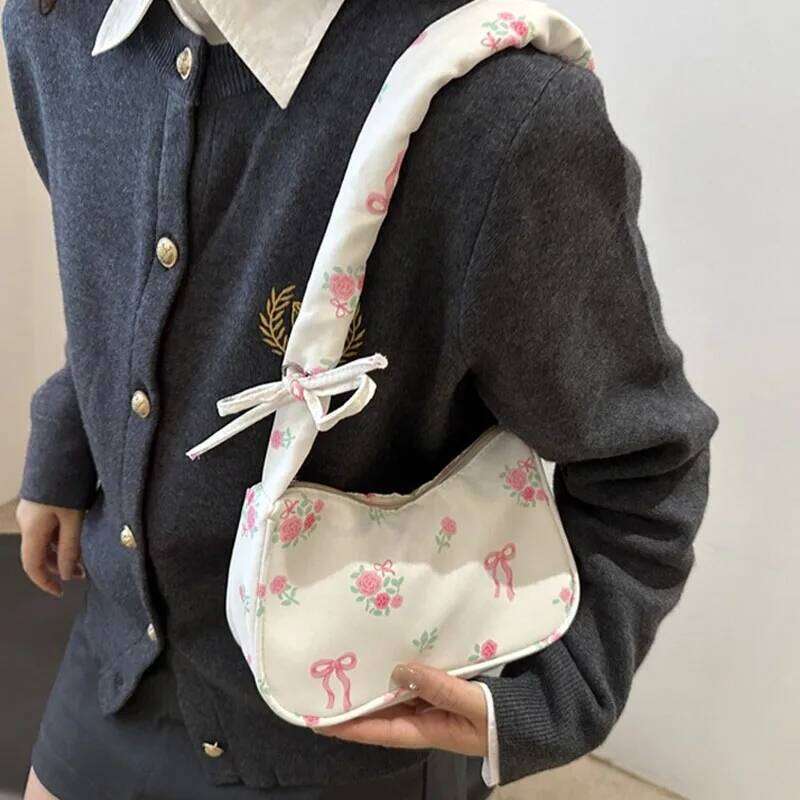 2025 Summer Women Underarm Bags Canvas Pleated Drawstring Purse Aesthetic Floral Bow Design Y2K Pretty Fashion Shoulder Handbags C260204