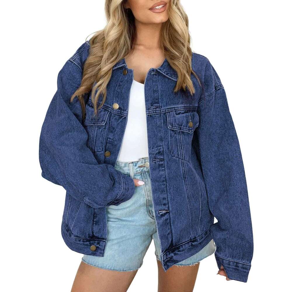 Women's denim jacket, denim long sleeved oversized button jacket, fashionable jacket, size according to product description