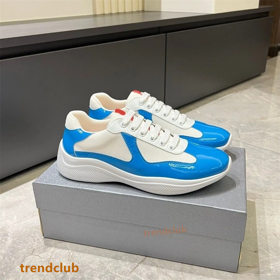 Designer Americas Cup Sports Casual Shoes Men Women Patent Leather And Technical Fabric Runner Flat Sneakers Black White Blue Red Rubber Sole Outdoor 