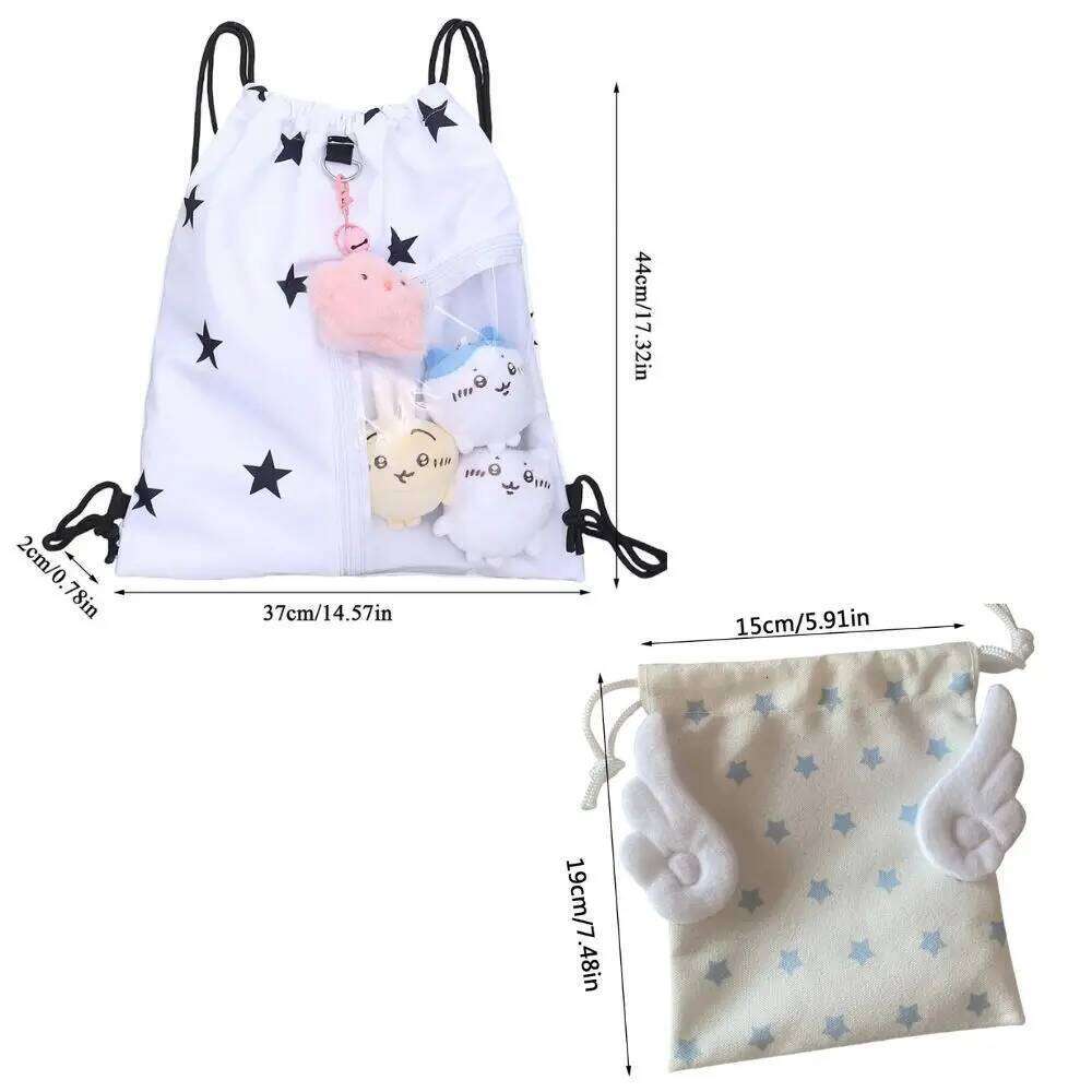 Korean Fashion Student Canvas Y2K Star Print Drawstring Backpack Girls Lightweight Pain-Free Large Capacity Shoulder Bag Z260204