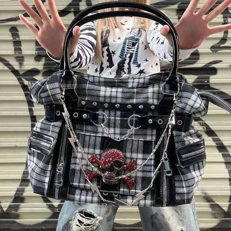 Y2k Womens Fashion Plaid Briefcase Canvas Shoulder Punk Chains Large Capacity Tote Bag Harajuku Girl Casual Handbag C260204