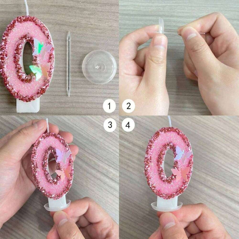 2.9inch Glitter Pink Decorated Number Candle, Cake Decoration Sequin Butterfly Happy Birthday Gift Candles S260204