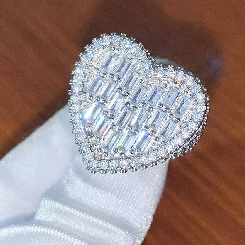 Hot Sale Hip Hop Jewelry Rectangle Diamond Luxury Heart Iced Out Ring VVS Moissanite Class S925 Silver Women Ring