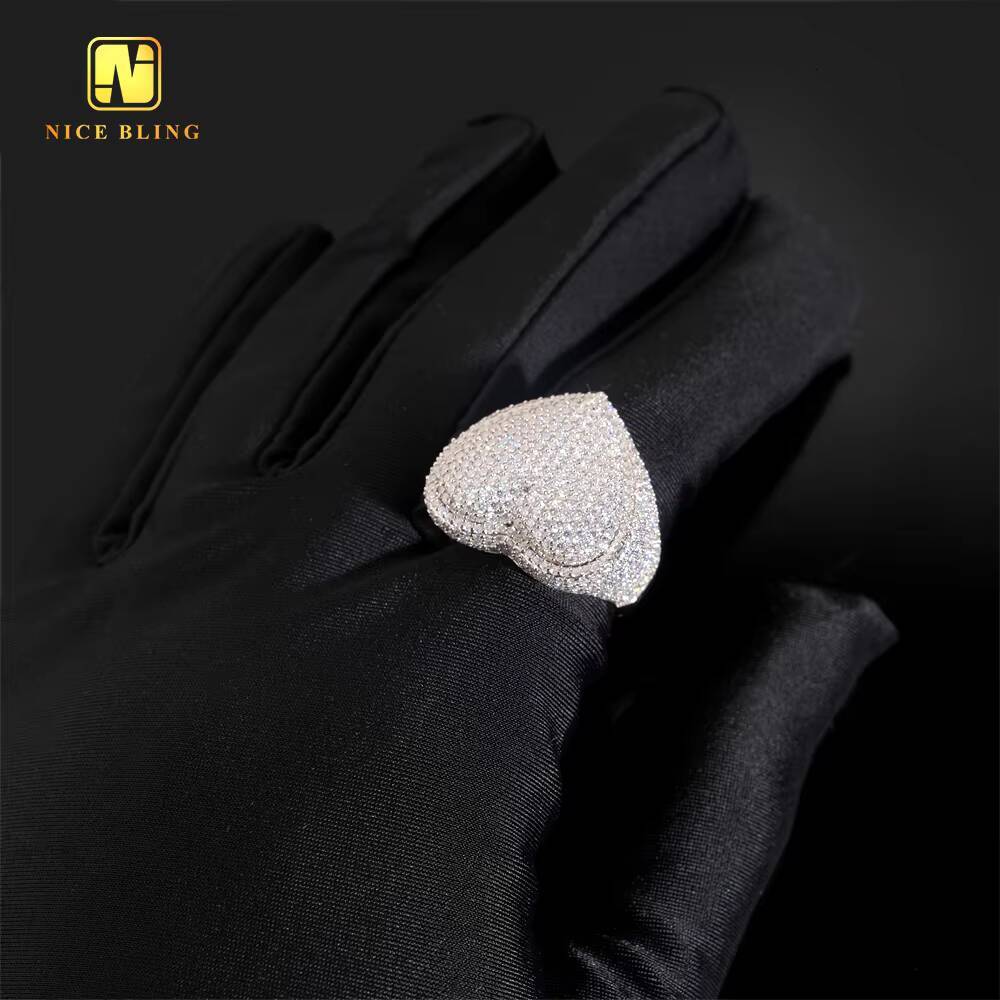 Pass Diamond Tester Heart Shape Hip Hop Rapper VVS Moissanite Fine Jewelry Diamond Iced Out Jewelry 925 Silver Ring for Men