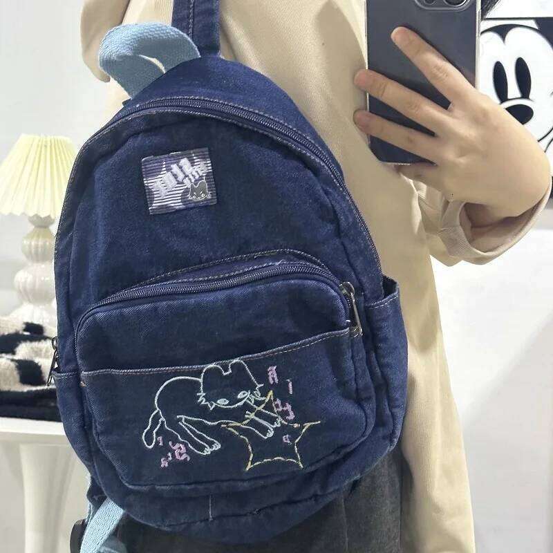 Japanese Simple Kawaii Cat Denim Handbag Shoulder Small Mini Student Schoolbag Cute Women Backpack Woman Bags Z260204