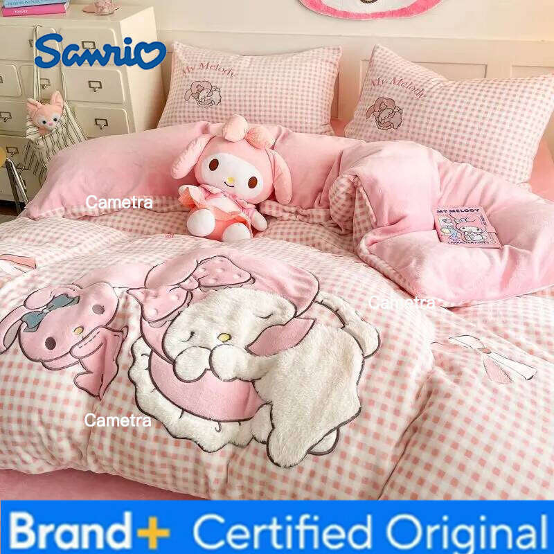 Sanrio Hello Kitty My melody Cinnamoroll Kuromi Four-piece Creative High-value Anime Cartoon Printed Home Coral Fleece Bedding H260205