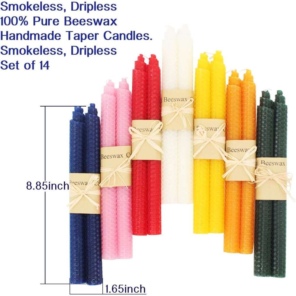 XIANGZHU Set of 14 Handmade Taper 9 Inch Smokeless Dripless Wax Candles, Beeswax Home Gift Ideas, Long Candle Sticks for Wedding,Dinner S260204