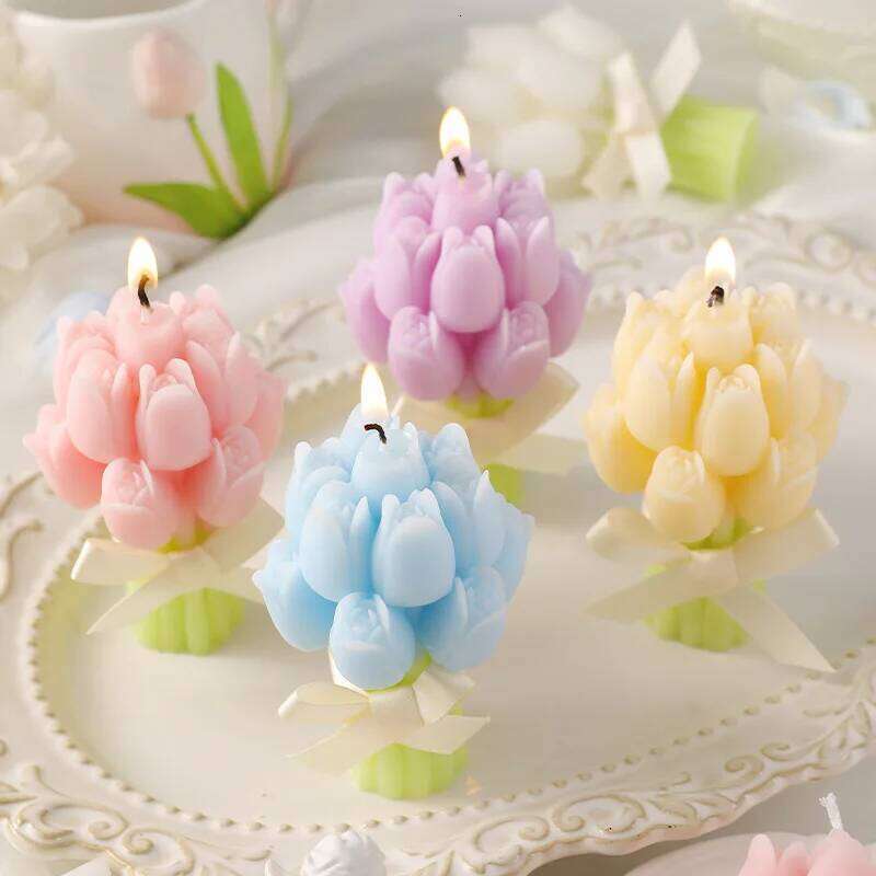 Tulip Bouquet Shaped Festive Atmosphere Gift, Souvenir, Handcrafted Flower Scented Candle, Table Decoration S260204
