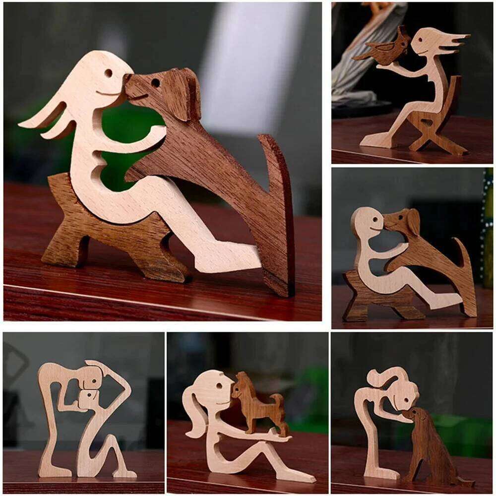 Wooden Dog And Human Craft Figurin Creative 3D Home Office Decoration Man Statue Wood Toy Desk ECO Friendly Free Shipping S260204