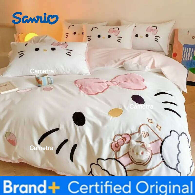 Sanrio Genuine Kitty 4pcs 100%cotton Patch Embroidered Ins Cartoon Quilt Cover Bed Sheet Pillowcase 3pcs Set H260205
