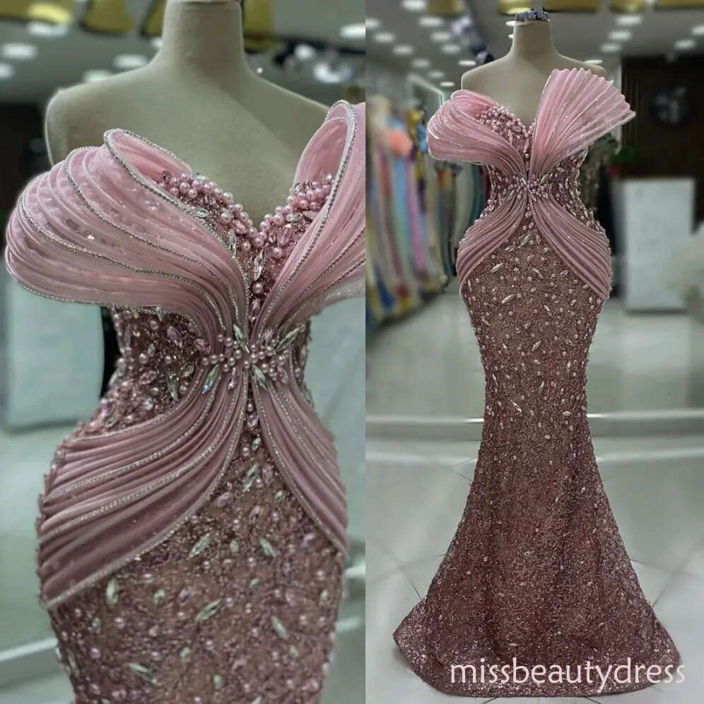 Plus Size Dusty rose Pink Prom Dresses for Black Women Promdress Illusion Beaded Lace Pearls Rhinestones Decorated Birthday Party Dress Second Recepti