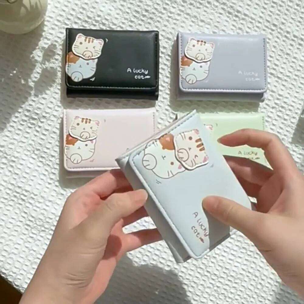Solid Color Cute Tri-Fold Purses Multi-card Slot Korean Style Cat Short Wallet PU Leather Pocket Women Card Holder Female Z260205