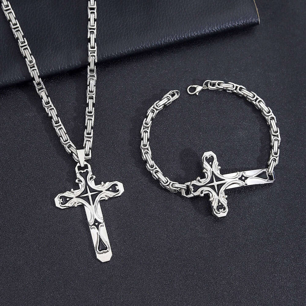 Hot-Selling Retro Cross Pendant Necklace Bracelet Set Women's Fashion Men's Jewelry